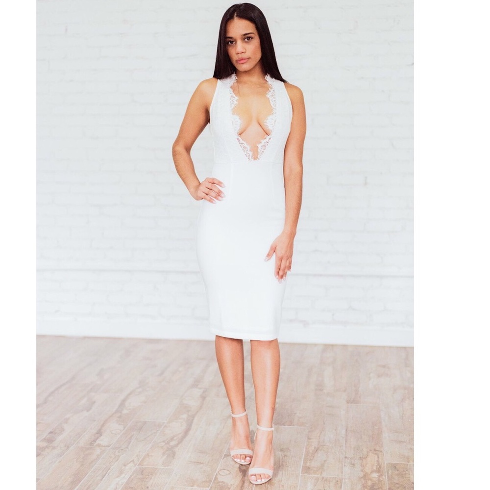 Bridal Shower Engagement Party Bridal Lace V-Neck White Dress